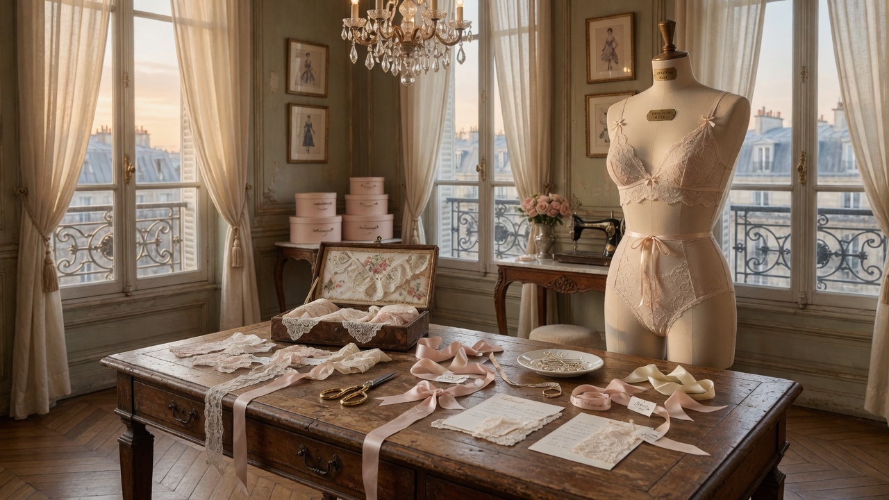 Lace and silk on the table in the Dream Intima atelier